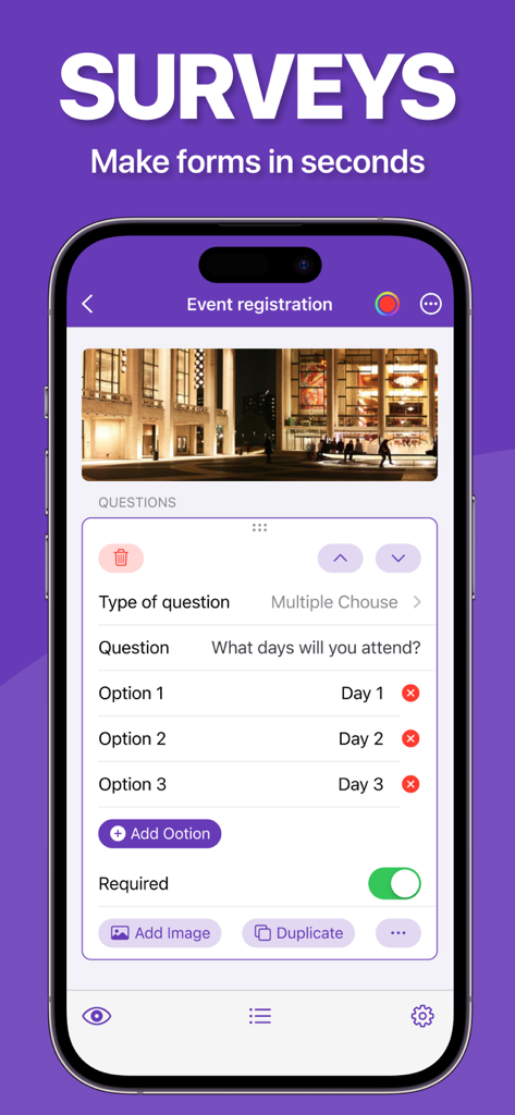 Die Forms-App-Oberfläche auf einem iPhone, die eine Multiple-Choice-Frage für eine Veranstaltungsanmelde-Umfrage zeigt.