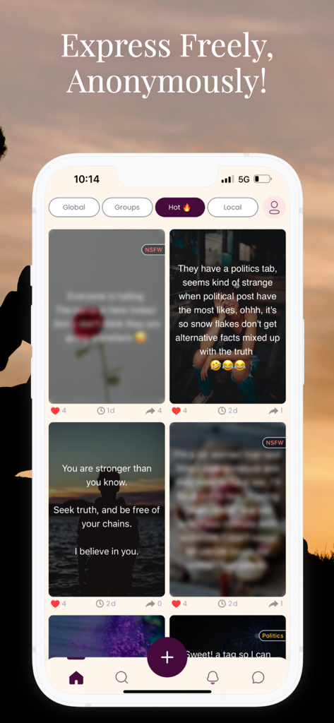 Hush – Express Freely - Interface of the Hush app showing an anonymous social feed with user posts and navigation tabs