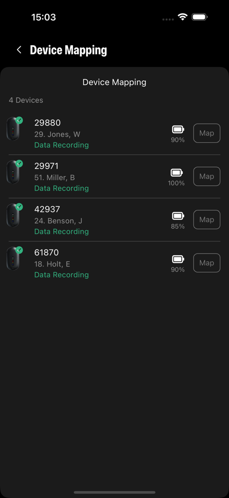 Catapult Vector - Device mapping interface in the Catapult Vector app displaying connected wearable devices assigned to athletes with battery status