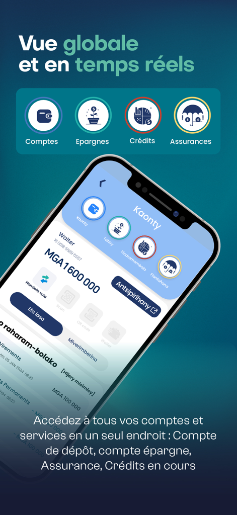 BNI - Interface de l'application bancaire mobile BNI Madagascar montrant un aperçu du compte et les services financiers