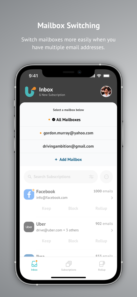 Unroll.Me - Email Cleanup - Interface of Unroll.Me app showing the mailbox switching feature for multiple email accounts.