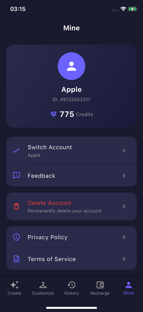 VivideoAI - VivideoAI Mobile App Profilseite zeigt Benutzerkontoinformationen, Guthaben und Einstellungen