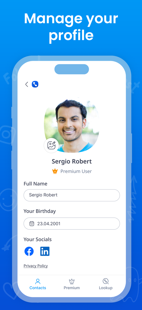 Eyecon app interface showing the manage your profile screen with a user photo name birthday and social media links
