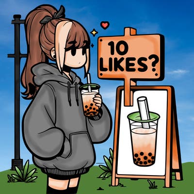 girl with oversized hoodie drinking boba and she has a high ponytail with a sign that says 10likes?