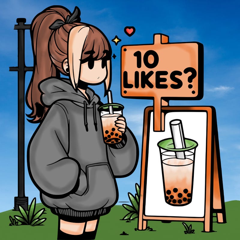 girl with oversized hoodie drinking boba and she has a high ponytail with a sign that says 10likes?
