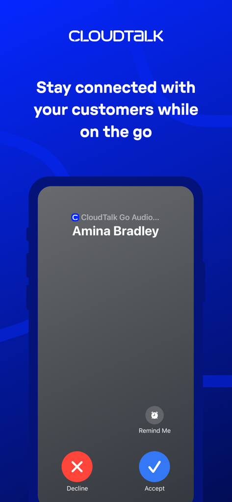 CloudTalk Go app interface displaying an incoming business call on a smartphone