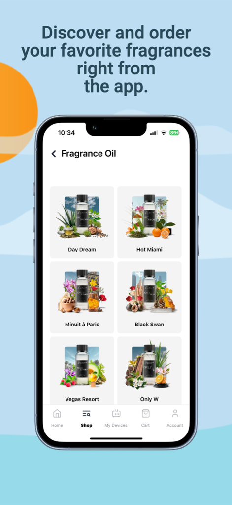 Scentiment 1.0 - Scentiment app shop interface displaying a curated collection of luxury fragrance oils for smart diffusers