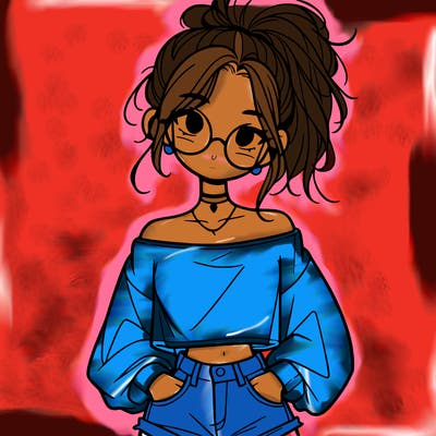 girl with a messy ponytail glasses a baggy crop top and jean shorts