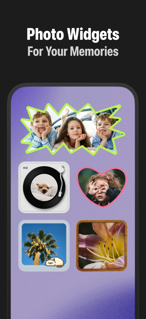 A collection of aesthetic photo widgets for iPhone showing various frame styles like hearts and vinyl records