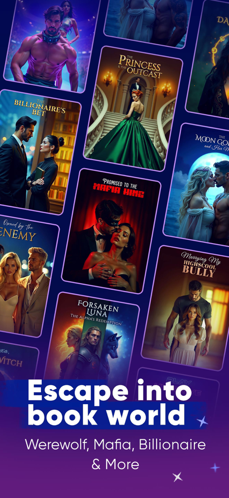 A collage of romance story book covers including mafia, billionaire, and werewolf themes with the text Escape into book world.