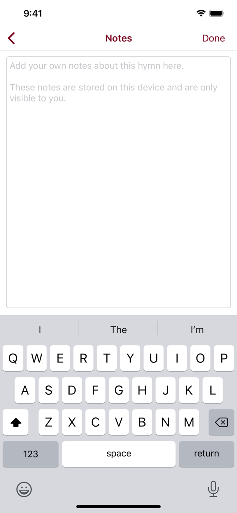 Lift Up Your Hearts Hymnal - Personal notes interface in the Lift Up Your Hearts Hymnal app showing a text entry field and mobile keyboard