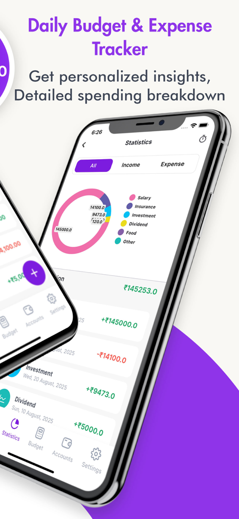 Money Manager: expense, budget - Interface of the Money Manager app on an iPhone showing a colorful donut chart for expense statistics and detailed spending breakdown.
