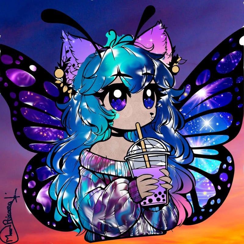 a realistic butterfly/furry girl drinking boba