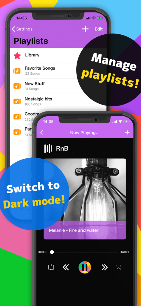 Music Radio FunMusic - stream - Dos pantallas de móvil mostrando la gestión de listas de reproducción y un reproductor de música en modo oscuro para la aplicación FunMusic