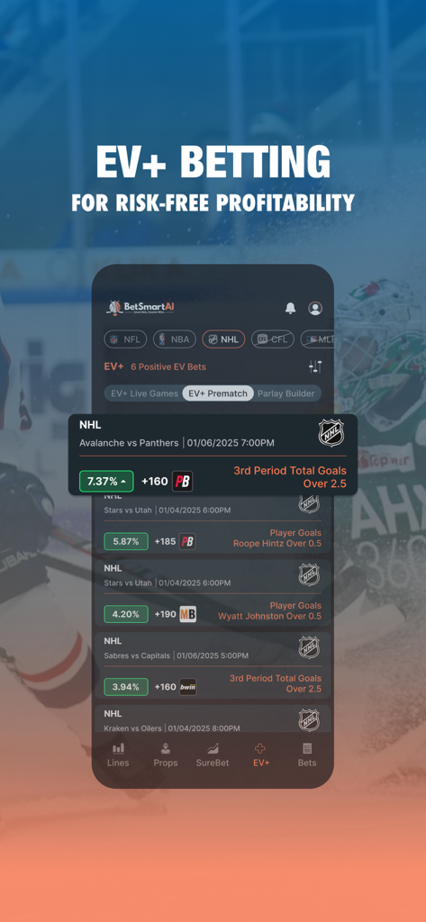 AI Sports Betting : BetSmartAI - Interfaz de la aplicación BetSmartAI que muestra oportunidades de apuestas de valor esperado positivo para juegos de la NHL