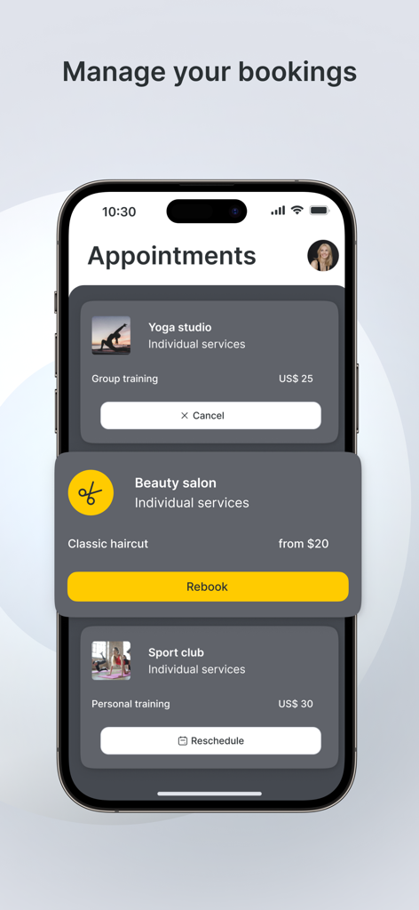 Die Altegio App-Oberfläche zur Verwaltung von Buchungen, einschließlich Terminen in Schönheitssalons und Yogastudios.