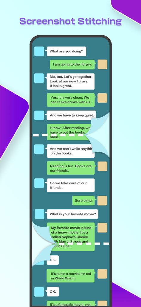 Stitch - ScreenShots & Photos - Demonstration of stitching multiple chat screenshots into one continuous long image