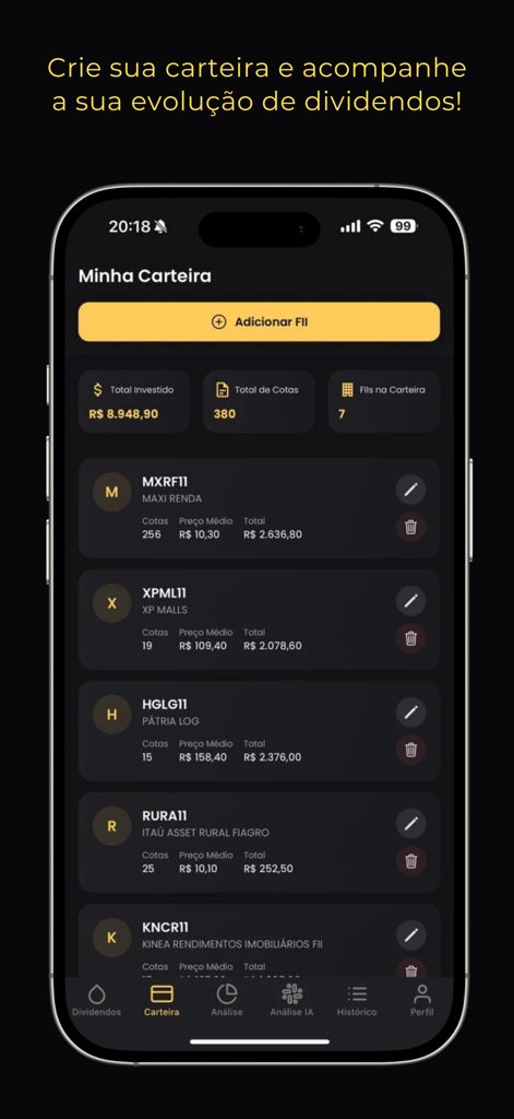 Renda Fiis: Fundos Imobiliário - Mobile app screen showing a portfolio of Brazilian real estate investment funds with shares and values
