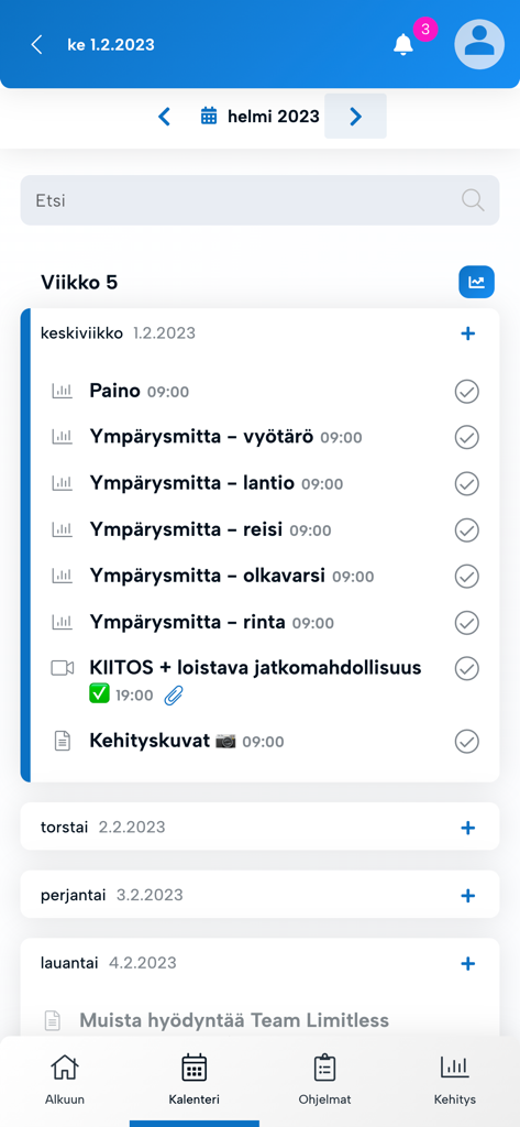 Versus Valmennus - Daily fitness tracking calendar in the Versus Valmennus coaching app