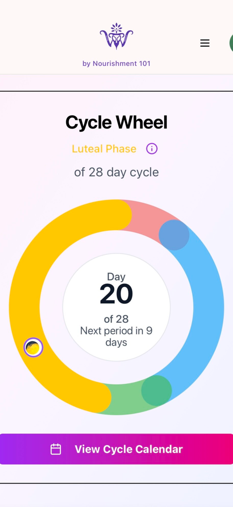 WombWisdom by Nourishment 101 - WombWisdom app Cycle Wheel screen showing day 20 of a 28 day cycle during the Luteal Phase.