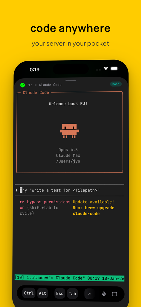 Moshi: SSH & MOSH Terminal - Captura de pantalla de iPhone que muestra la interfaz de terminal de la aplicación Moshi ejecutando Claude Code con teclas de acceso directo y un fondo amarillo con el eslogan code anywhere