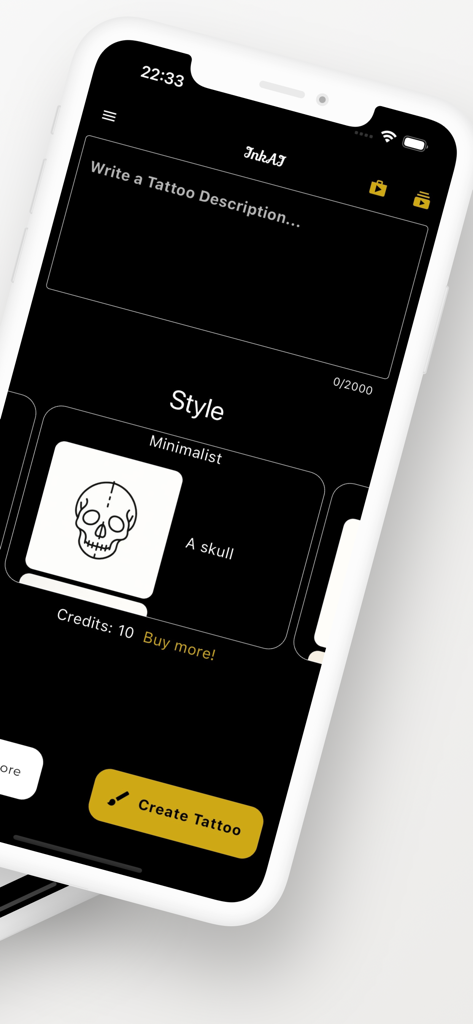InkAI: Tattoo Designs Creator - Smartphone-Bildschirm, der die KI-Tattoo-Generator-Oberfläche der InkAI-App mit einer Vorschau eines minimalistischen Totenkopf-Designs und einer Schaltfläche zum Erstellen von Tattoos anzeigt.
