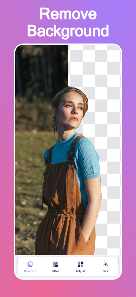 Remove Objects · Photo Eraser - 女性のポートレート写真でAIによる背景削除を示すモバイルアプリのインターフェイス。