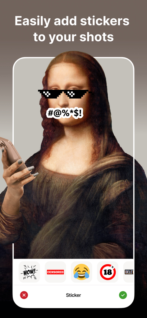 Censor: Face Blur & Pixelate - A mobile app interface showing a photo of the Mona Lisa with pixelated glasses and a censor symbol sticker over her face.