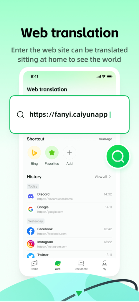Lingocloud app interface showing the web translation feature with a URL search bar and browsing history.
