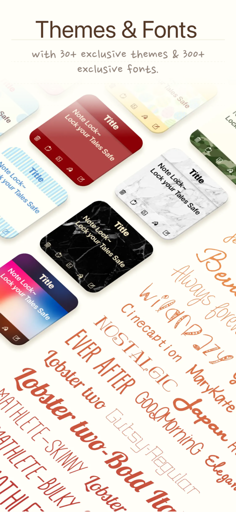 Note Lock~Lock your Tales Safe - Eine Sammlung von künstlerischen Schriftarten und bunten Notizthemen zur Personalisierung innerhalb der Note Lock App