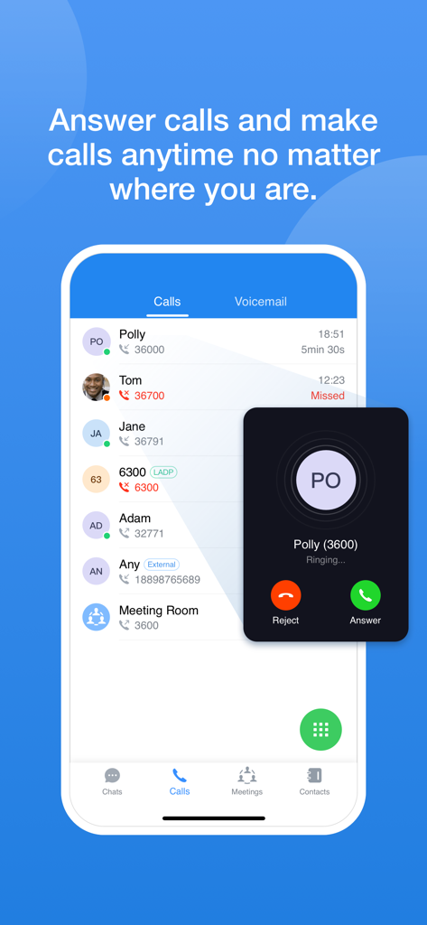 Grandstream Wave - Grandstream Wave app interface showing an incoming VoIP call and recent call history list