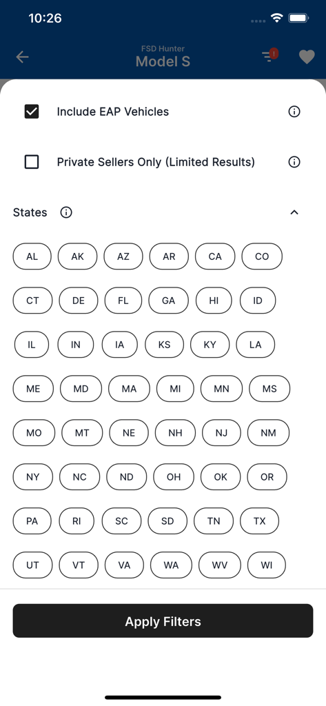 Search filter screen in FSD Hunter app showing options for EAP vehicles and US state selection.