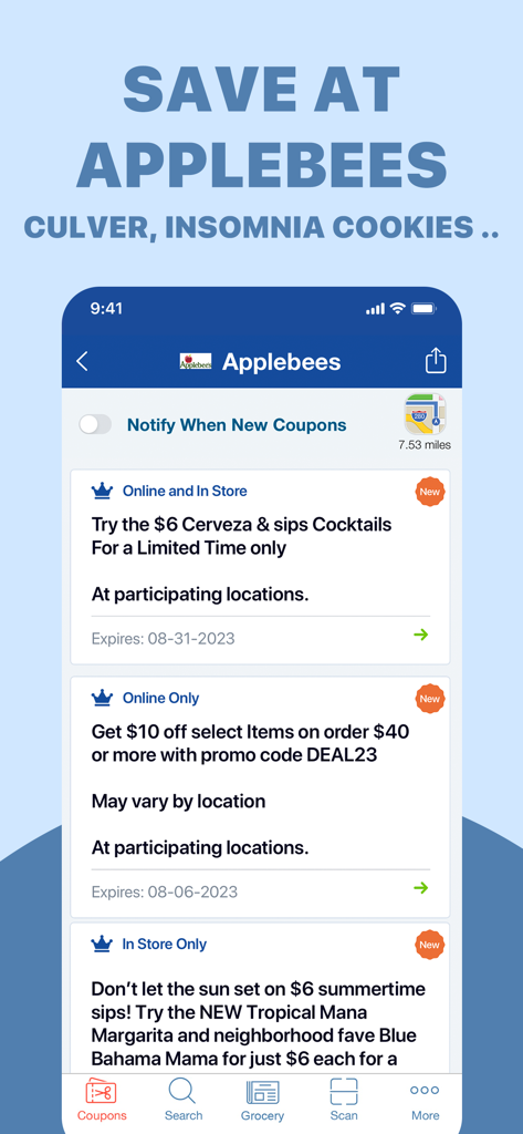 Food Coupons Deal Fast Reward - Mobile app interface displaying discount coupons and cocktail deals for Applebees restaurant