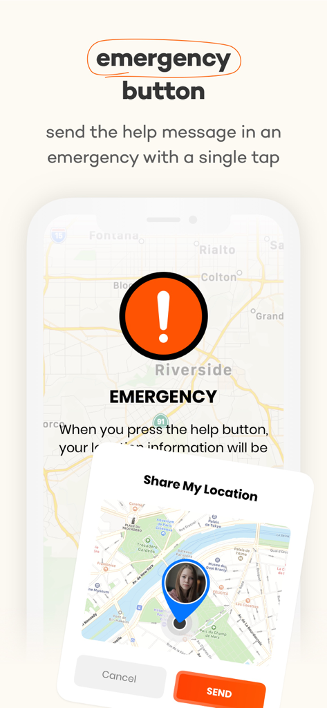 Locatoria - Find Location - Locatoriaアプリのインターフェイス、緊急ボタンと共有位置情報通知を表示