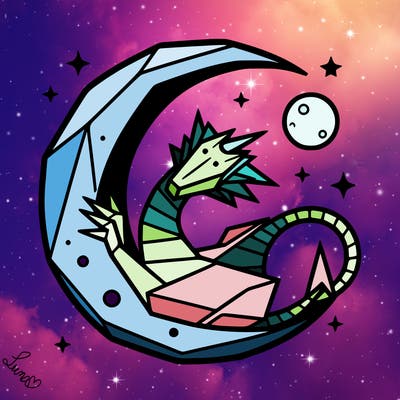 origami dragon curled up around the moon