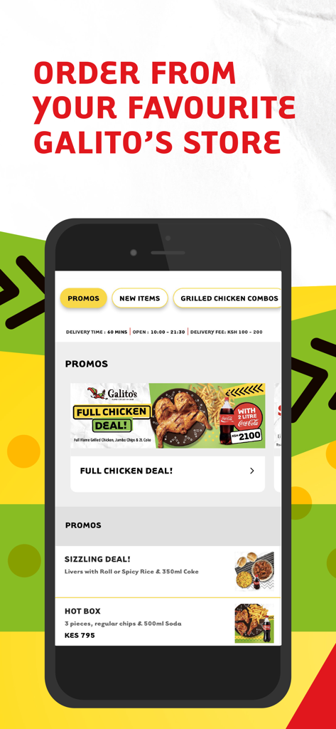 Galitos Zambia - Galitos Zambiaのモバイルアプリインターフェース。チキンのお得な情報と配送情報が表示されています。