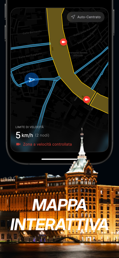 VeVè - Mapa interactivo de Venecia en la aplicación VeVè mostrando límites de velocidad y cámaras de monitoreo