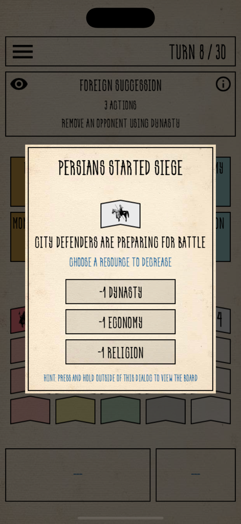 Persian siege event dialog in Constantinople Board Game with resource management options