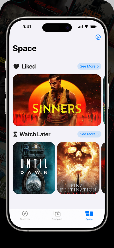 L'interface de l'application Micr Master Movies montrant la section espace personnel avec les films aimés et une liste à regarder plus tard.