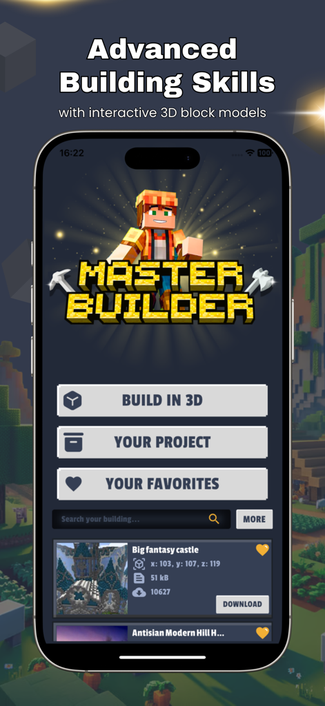 Master Builder for Minecraft app interface showing 3D building models and project options