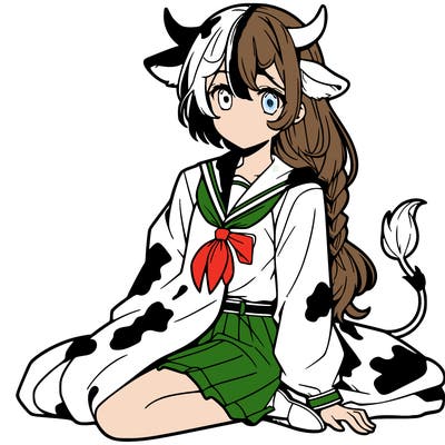 anime girl who is half cow and sitting down on the floor