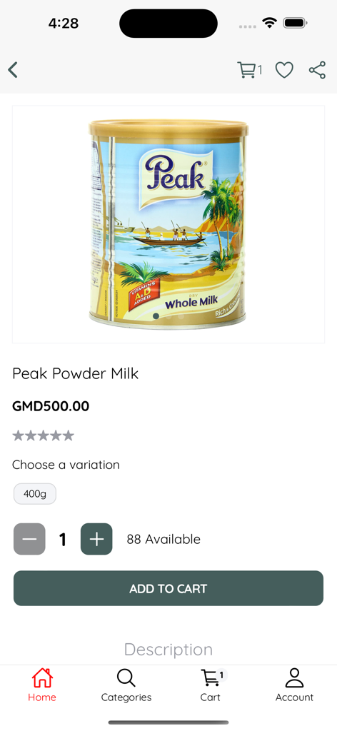 BiiT - Page de détail produit de l'application BiiT montrant le lait en poudre Peak avec le prix et le bouton Ajouter au panier