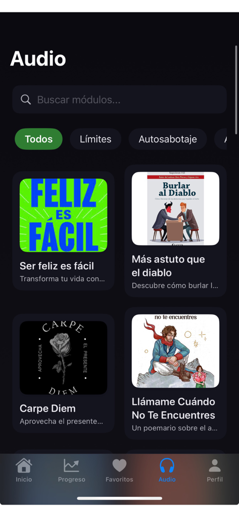 Huellas de vida - Audio library interface of the Huellas de Vida app showing personal growth modules in Spanish