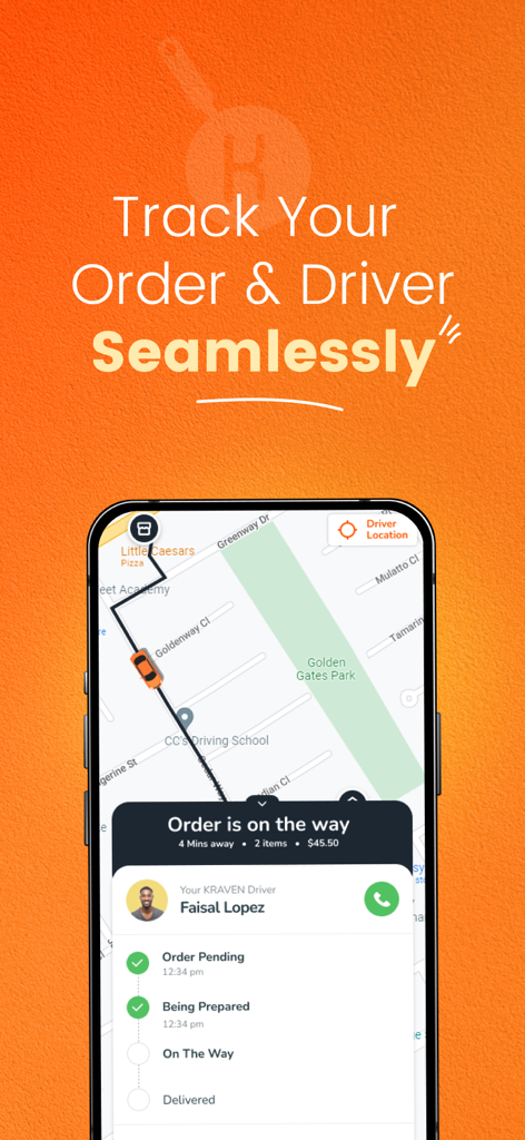 KRAVEN: Food Delivery - Interface of KRAVEN app showing real-time GPS map tracking and order status for a food delivery.