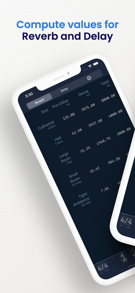 Mobile screen of the Reverb and Delay Calculator app displaying calculated pre-delay and decay values for music production.
