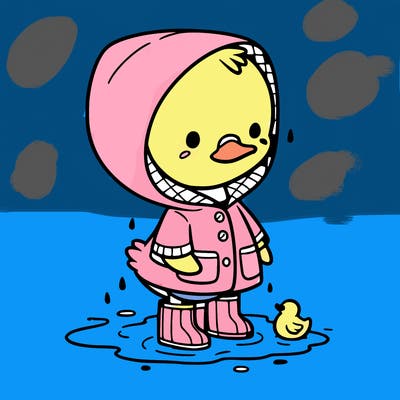 baby duck in a rain coat and boots, in a puddle while it’s raining