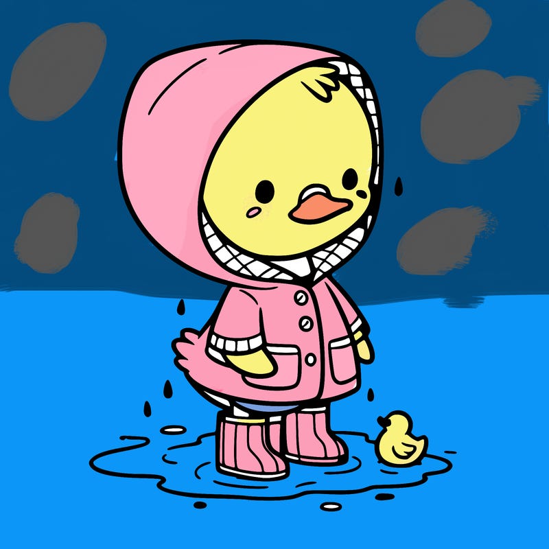 baby duck in a rain coat and boots, in a puddle while it’s raining