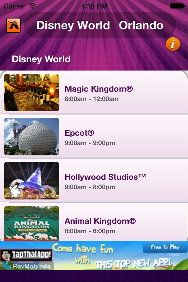Disney World Orlando app main screen showing park operating hours for Magic Kingdom Epcot Hollywood Studios and Animal Kingdom