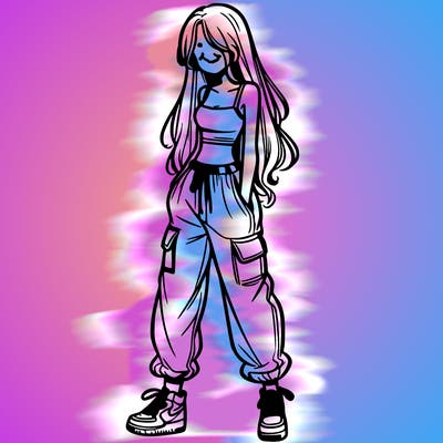 girl in baggy pants crop top and long hair