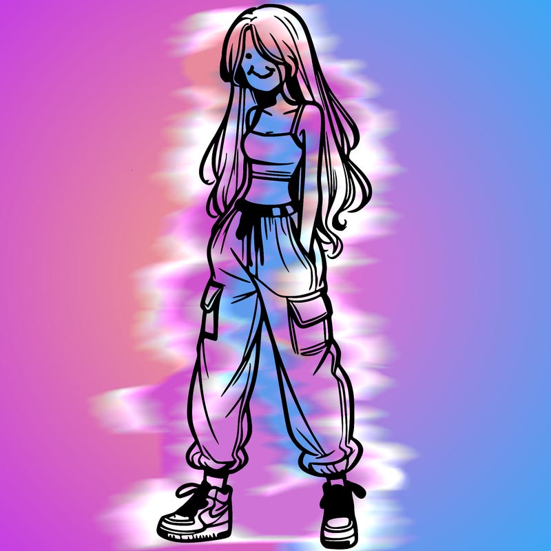 girl in baggy pants crop top and long hair